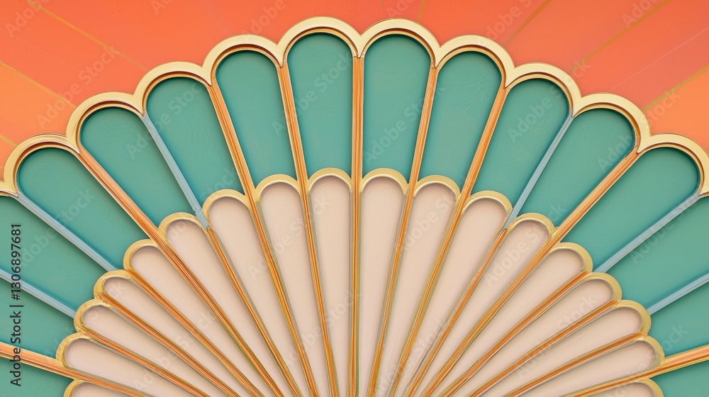 Poster close-up of a fan-like design. the fan has a scalloped edge and is made up of multiple layers of dif