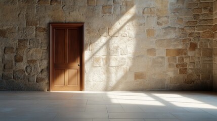 Sunlight streams through doorway in stone wall interior