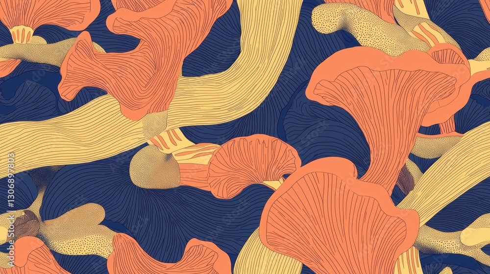 Poster illustration of a group of orange mushrooms on a dark blue background. the mushrooms are arranged in