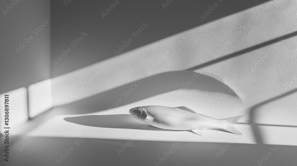 Poster black and white photograph of a fish lying on the floor. the fish is facing towards the right side o
