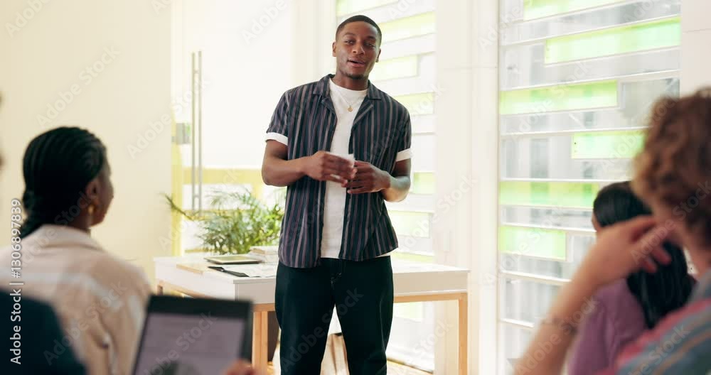 Poster cards, university and man student with speech in classroom for literature thesis with group and prof