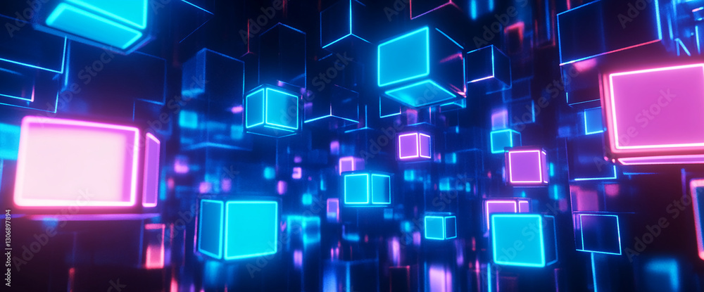 Poster Abstract background with glowing neon cubes in pink and blue hues, creating a dynamic and futuristic visual, ideal for technology or entertainment concepts