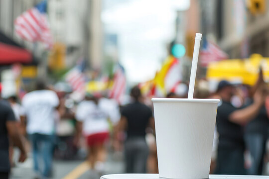Blank beverage stand at a Labor Day parade with workers marching and spectators cheering in the urban landscape