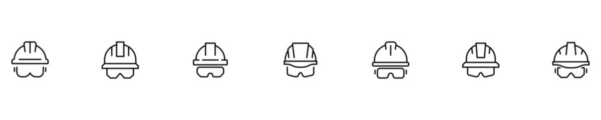 Hardhat icon set. Protection glasses with helmet. Safety symbol. Worker, builder, helmet, manufacturing, engineer, personal protect. Vector illustration.