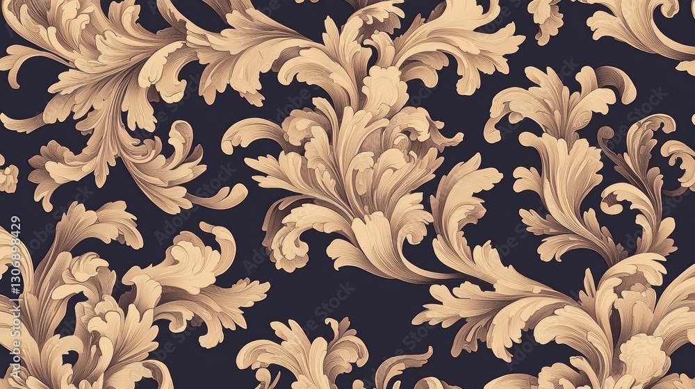 Poster seamless pattern with a dark blue background. the pattern is made up of a repeating design of gold-c