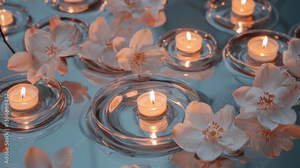 Poster group of small glass tealight holders arranged in a circular pattern on a blue surface. each holder 