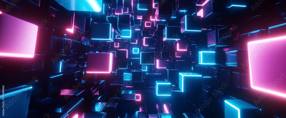 Poster Abstract 3D rendering of glowing pink and blue cubes, creating a dynamic and futuristic visual effect, showcasing a modern and energetic concept ideal for digital backgrounds