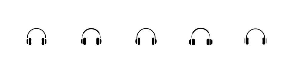 Headphone icon set. Black headphones signs. Line earphone set. Support headphone symbol. Vector illustration.