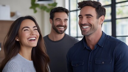 Fototapeta premium Joyful Group of Friends Laughing Together in a Bright and Modern Indoor Environment with Natural Light Streaming In