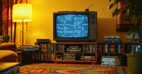 Cozy 90s living room wooden box television showing only static surrounded vhs tapes patterned rugs warm yellow lamplight