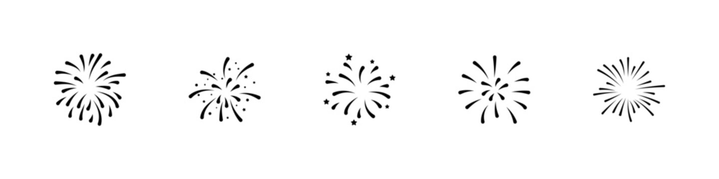 Firework icon set. Exploding fireworks. Confetti, sparkler, salute, petard, firecracker icons. Celebration and holiday signs. Vector illustration.