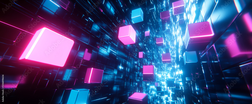 Poster Abstract 3D render of pink and blue glowing cubes in a dark tunnel, creating a dynamic and futuristic effect, showcasing technological advancement or virtual reality