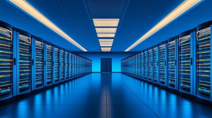 Modern technology data center with rows of advanced server hardware, illuminated by lights, symbolizing cloud computing, big data, and digital security.