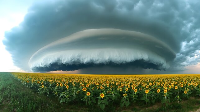  a dramatic thunderstorm rolling in over a sunflower field, dark clouds contrasting against bright yellow petals.
