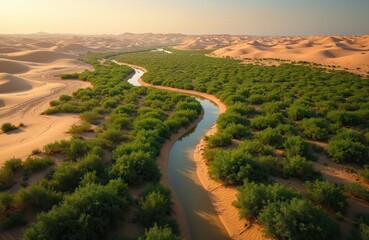 Fototapeta na wymiar Aerial view of river in sandy dunes shows progress of green wall initiative. Burgeoning vegetation fights desertification, restores ecosystem. Tree planting effort, nature conservation, sustainable