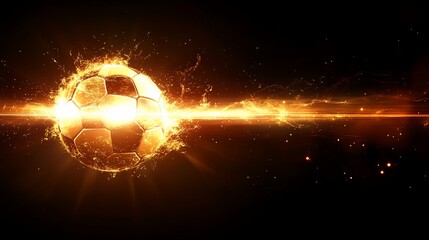 Fiery soccer ball, mid-flight, against a dark backdrop. Use promotion