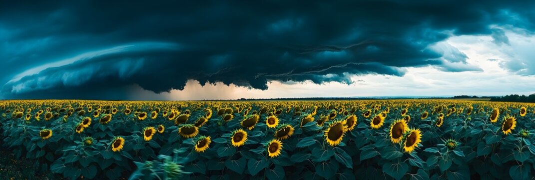  a dramatic thunderstorm rolling in over a sunflower field, dark clouds contrasting against bright yellow petals.
