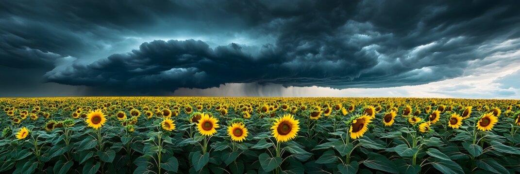  a dramatic thunderstorm rolling in over a sunflower field, dark clouds contrasting against bright yellow petals.