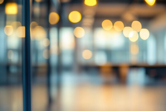 Modern corporate workspace interior with blurred view and abstract light bokeh in an open-plan office environment