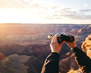 A person using binoculars to admire a breathtaking sunset landscape.