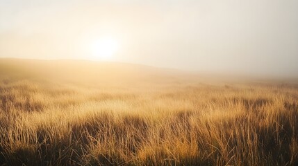 a foggy moorland at sunrise, with golden grasses stretching into the mist.