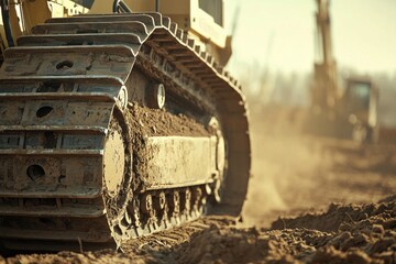 Massive bulldozer wheel covered in dust at a construction site reflecting heavy-duty industrial activity