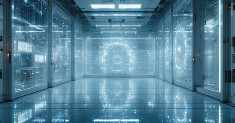 Cybernetic testing facility transparent digital panels turned off casting ghostly reflections sterile white lit chamber