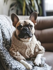 a French bulldog sitting on a cozy couch, wearing a tiny sweater and gazing at the camera.