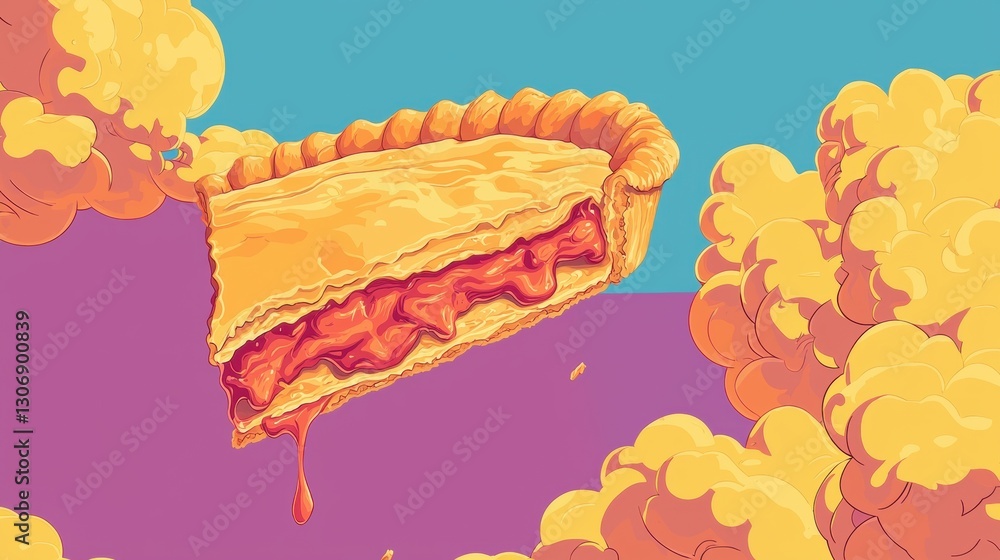 Poster illustration of a slice of pie falling into the air. the pie is golden brown and has a flaky crust. 