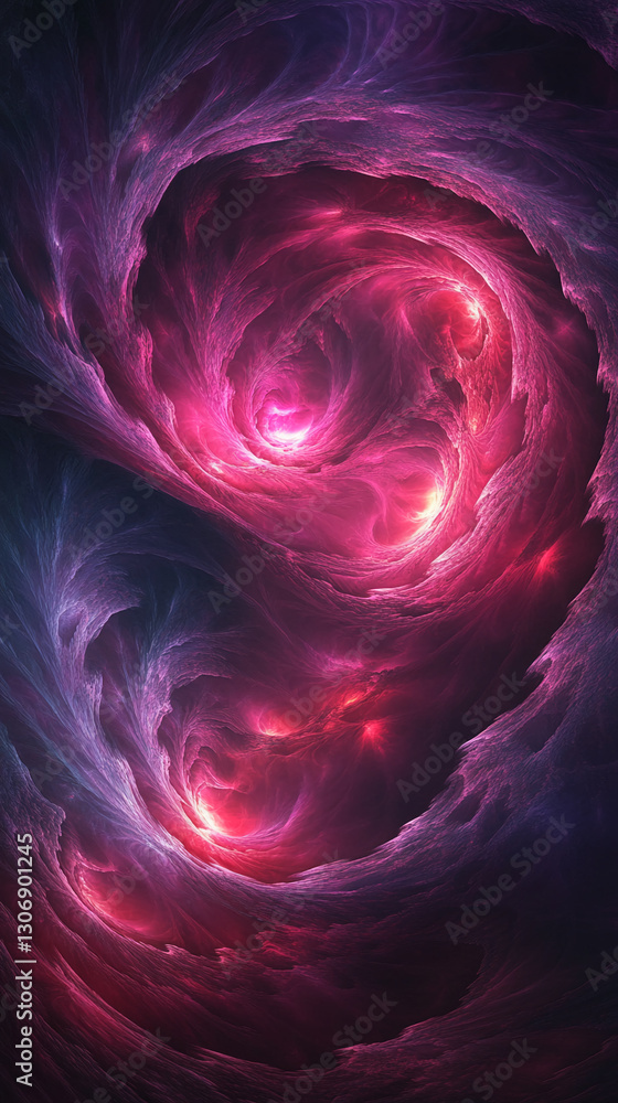 Poster abstract swirling purple and pink nebula texture, creating a dynamic and energetic cosmic scene, sym