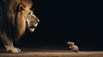 Lion and mouse on background with dependence business ideas concept. Lion and the mouse with Aesop fairy fable tale. Friendship