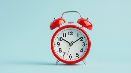 Vintage red alarm clock on a light blue background with clear details