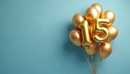 Golden number 15 balloon with copy space on blue background. Fifteen year anniversary celebration concept. Bunch of balloons for birthday party. Helium filled air holiday decoration for celebrate