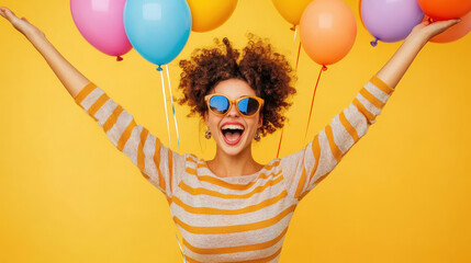 Excited woman holding colorful balloons on a bright yellow background