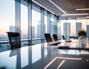Corporate office setting with modern conference room design and soft neutral lighting in an urban environment