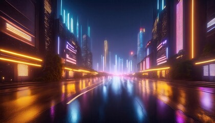 Futuristic cyberpunk cityscape at night with vibrant neon lights and reflective streets creating an electrifying atmosphere