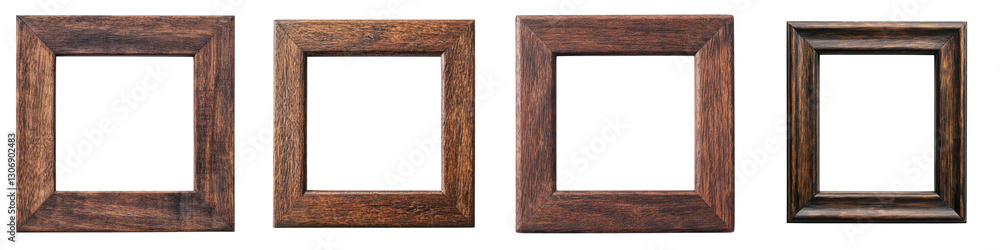 Poster empty wooden picture frames in various sizes arranged on a weathered textured wooden wall creating a
