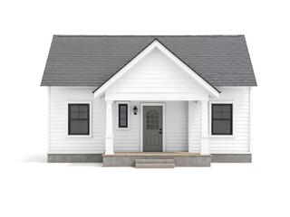 A charming small white suburban house with a black roof, isolated on a white background. Generative AI