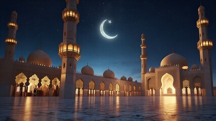 3D Rendered Ramadan Background with Crescent Moon, Lanterns, and Mosque Silhouette