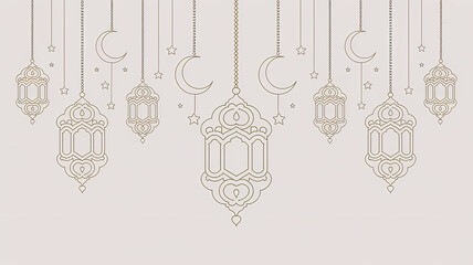 Fototapeta premium Arabic Traditional Ramadan Kareem Lanterns with Hanging Stars, Moon in Golden Oriental Style featuring intricate Islamic patterns glowing lights, a festive ambiance symbolizing the spirit of Ramadan