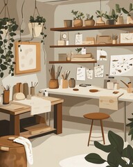 Artistic workspace filled with plants and contemporary decor for creative inspiration.