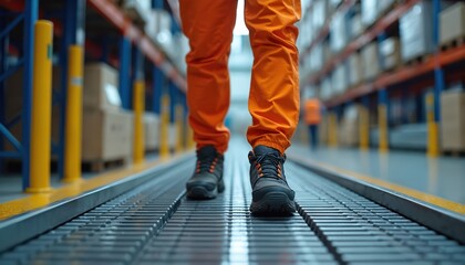 Obraz premium Close-up of worker legs in orange uniform walking on safety matting at factory. Man in safety shoes walks on gangway at warehouse. Work at industrial site, preventing slips falls.