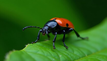 Fototapeta premium Striking black & orange beetle detail on rainforest plant, wing, body, photography