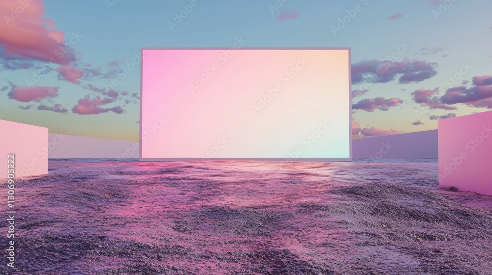 Aufkleber 3d rendering of a desert landscape with a large square in the center. the square is a bright pink co