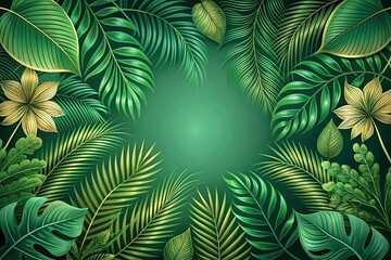 Luxury green background with floral patterns and tropical plant line art—elegant vector nature illustration