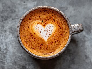A top-down view of a steaming cup of coffee, its surface adorned with delicate latte art in the shape of a heart. 