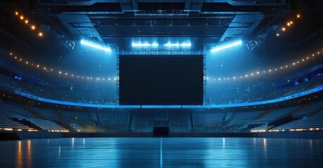 Futuristic sports arena darkened jumbotron standing backdrop of glowing led stadium lights skyline
