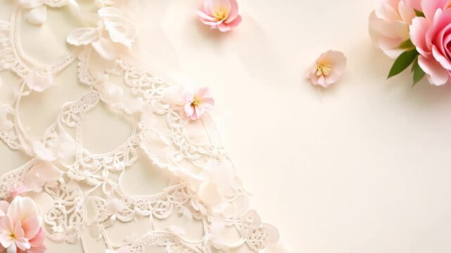 Gentle pan video, delicate ivory lace and soft blush pink flower petals cascade through a light cream background, soft, diffused lighting