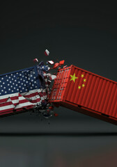 USA and China shipping containers colliding, symbolizing the ongoing economic competition between the two powers.