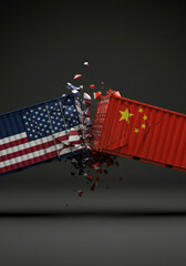 Exploding trade containers with US and Chinese flags, visualizing market tension and economic confrontations.